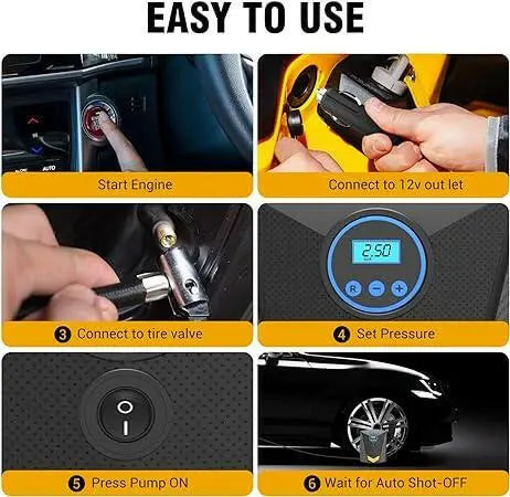 Xoopla Digital Car Tyre Inflator Air Compressor, Portable 150PSI DC12V Air Pump 9.5FT Cord with Digital Pressure Display and 3 Nozzle, LED light, Valve Adaptors for Car/Bike/Ball(Fast Inflation/19mm)