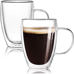 2-Pack Double Walled Glass Coffee Glass Mugs with Handle, Insulated Layer (350ml 2pcs)