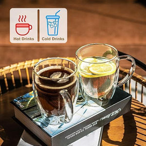 2-Pack Double Walled Glass Coffee Glass Mugs with Handle, Insulated Layer (350ml 2pcs)