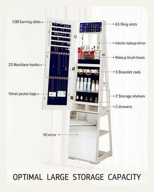 Mirror Jewelry Cabinet with Storage - 360° Swivel Jewelry Armoire with Full Length Mirror, Lockable Jewelry Storage Organizer with Light & Shelves
