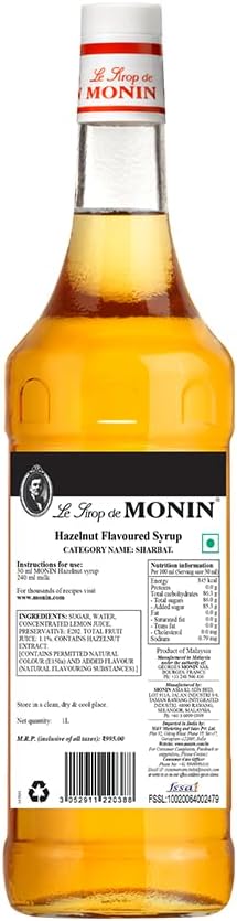 Monin Hazelnut Syrup In Glass Bottle, 1 Litre