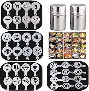 36Pcs Coffee Decorating Stencils, and 2 Stainless Steel Mesh Powder Shaker