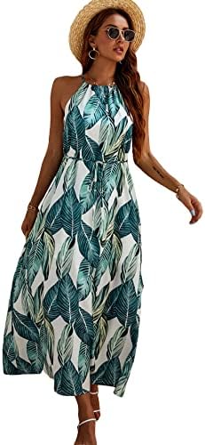 Women's long sleeveless evening maxi dress with front tie and tropical