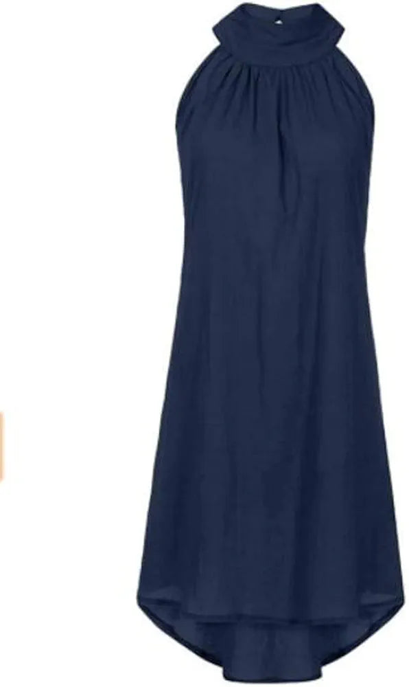 Women's Drawstring Neck Mini Dress Summer, Solid Loose Sleeveless Pleated Mini Dress (Color: Dark Blue, Size: M)