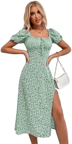 Women's Boho Square Neck Midi Dress with Short Puff Sleeves and Square Neck