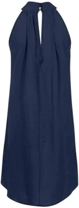 Women's Drawstring Neck Mini Dress Summer, Solid Loose Sleeveless Pleated Mini Dress (Color: Dark Blue, Size: M)