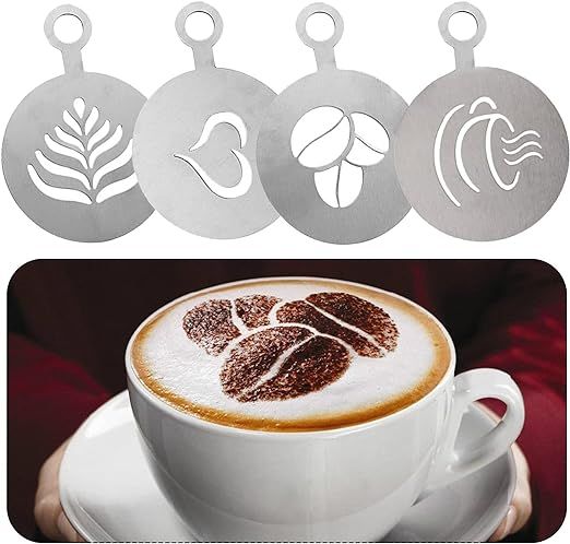 4 PCS Stainless Steel Coffee Stencils - Personalized Latte Art and Cake Decor with Barista-Grade Cappuccino Arts Templates, matel
