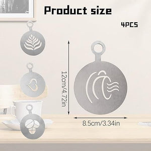 4 PCS Stainless Steel Coffee Stencils - Personalized Latte Art and Cake Decor with Barista-Grade Cappuccino Arts Templates, matel