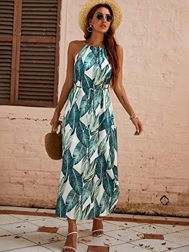 Women's long sleeveless dress with front tie and tropical
