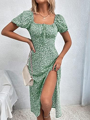 Women's Boho Square Neck Midi Dress with Sleeves Short Puff and Square Neck