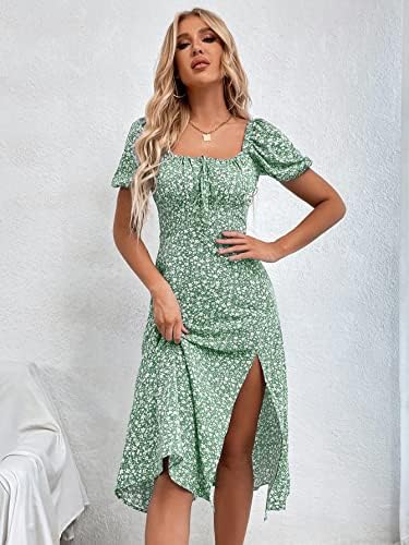 Women's Boho Square Neck Midi Dress with Sleeves Short Puff and Square Neck