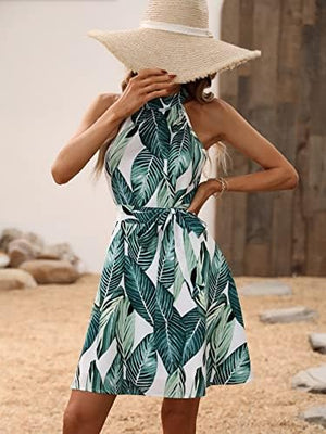 Women's Floral Print Wide Hem High Waist Belt A-Line sequin Mini Dress