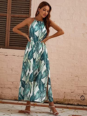 Women's long sleeveless evening maxi dress with front tie and tropical