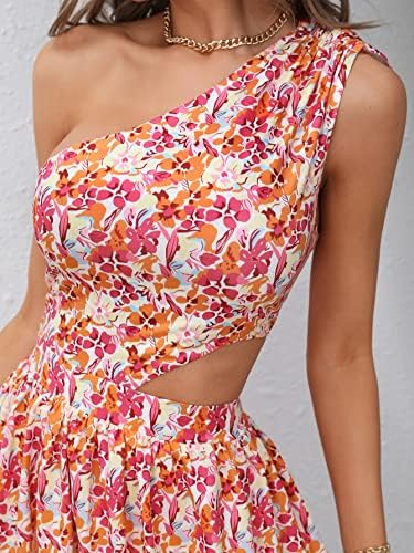 Women's Floral Print One Shoulder Waist Slit Mini Dress