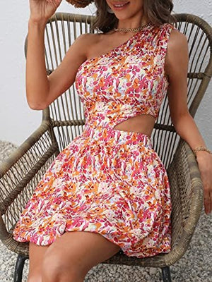 Women's Floral Print One Shoulder Waist Slit Mini Dress