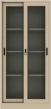 Glass and Steel Sliding Door Metal File Cabinet with Key Lock and Adjustable Shelves and Storage Compartment for Office and Home (Beige)