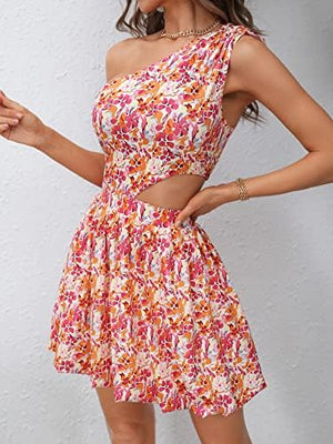 Women's Floral Print One Shoulder Waist Slit Mini Dress