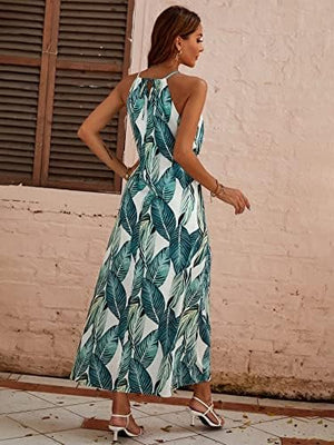 Women's long sleeveless evening maxi dress with front tie and tropical