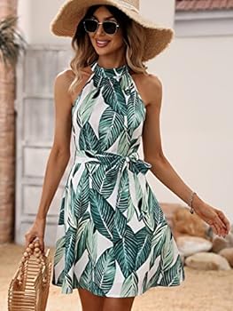 Women's Floral Print Wide Hem High Waist Belt A-Line sequin Mini Dress