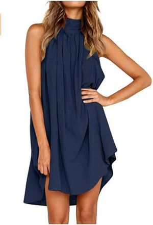 Women's Drawstring Neck Mini Dress Summer, Solid Loose Sleeveless Pleated Mini Dress (Color: Dark Blue, Size: M)