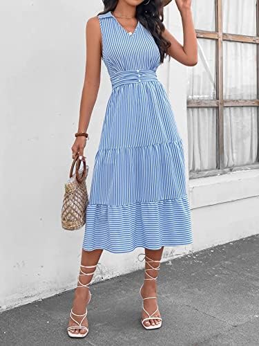 Women's casual evening maxi dress with striped design, high waist and ruffle hem