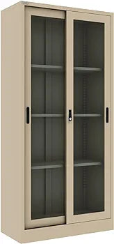 Glass and Steel Sliding Door Metal File Cabinet with Key Lock and Adjustable Shelves and Storage Compartment for Office and Home (Beige)