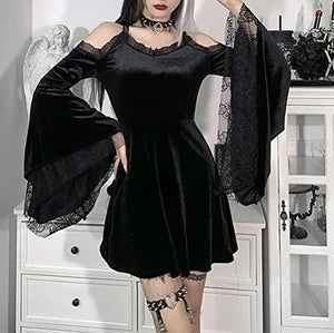 Velvet midi dress with long sleeves and a lace scoop neckline in pure black