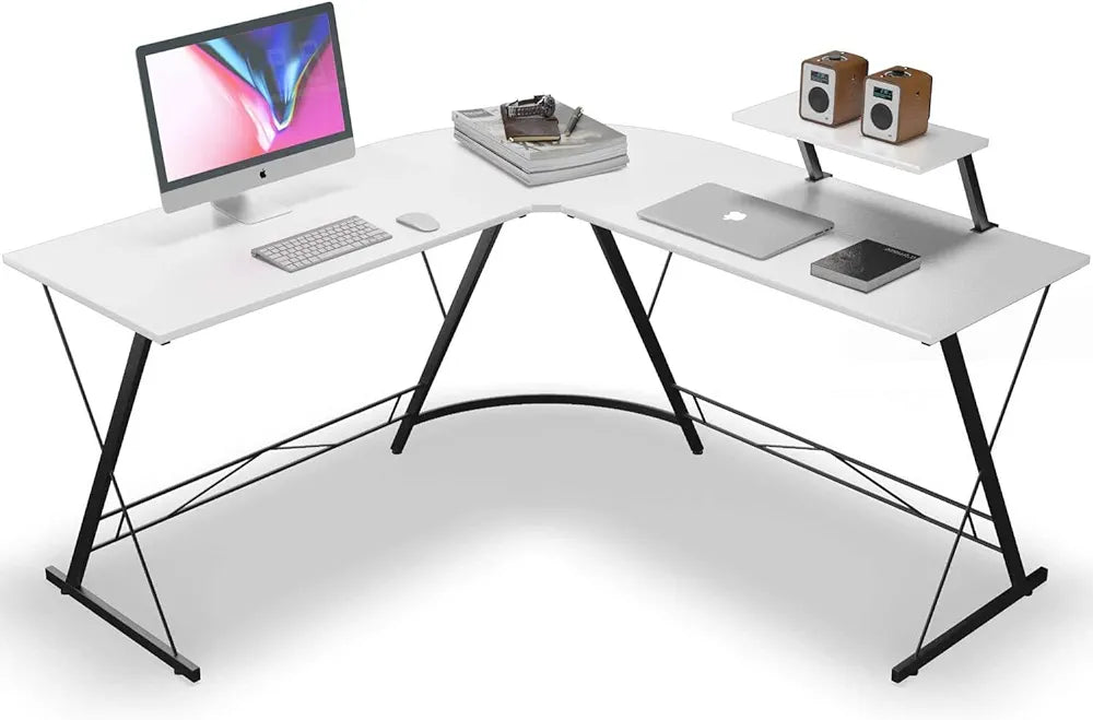 L KH L-Shaped Home Desk with Round Corner Computer Desk with Large Monitor Stand, Modern and Durable Workstation for Gaming, Home and Office (White)