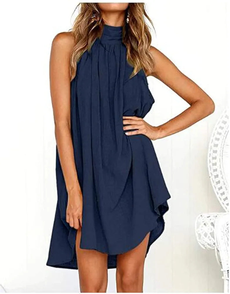 Women's Drawstring Neck Sequin Mini Dress Summer, Solid Loose Sleeveless Pleated Mini Dress (Color: Dark Blue, Size: M)