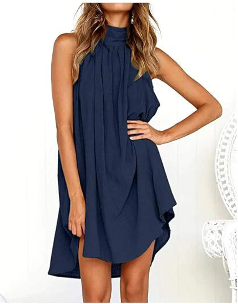 Women's Drawstring Neck Mini Dress Summer, Solid Loose Sleeveless Pleated Mini Dress (Color: Dark Blue, Size: M)