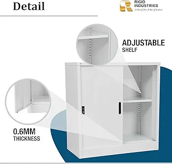 Rigid Steel Sliding Door Cabinet, Low Height Steel File Cabinet, Cabinet with Storage Shelves (White
