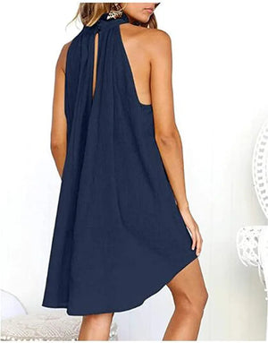 Women's Drawstring Neck Mini Dress Summer, Solid Loose Sleeveless Pleated Mini Dress (Color: Dark Blue, Size: M)
