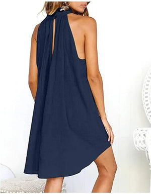 Women's Drawstring Neck Sequin Mini Dress Summer, Solid Loose Sleeveless Pleated Mini Dress (Color: Dark Blue, Size: M)