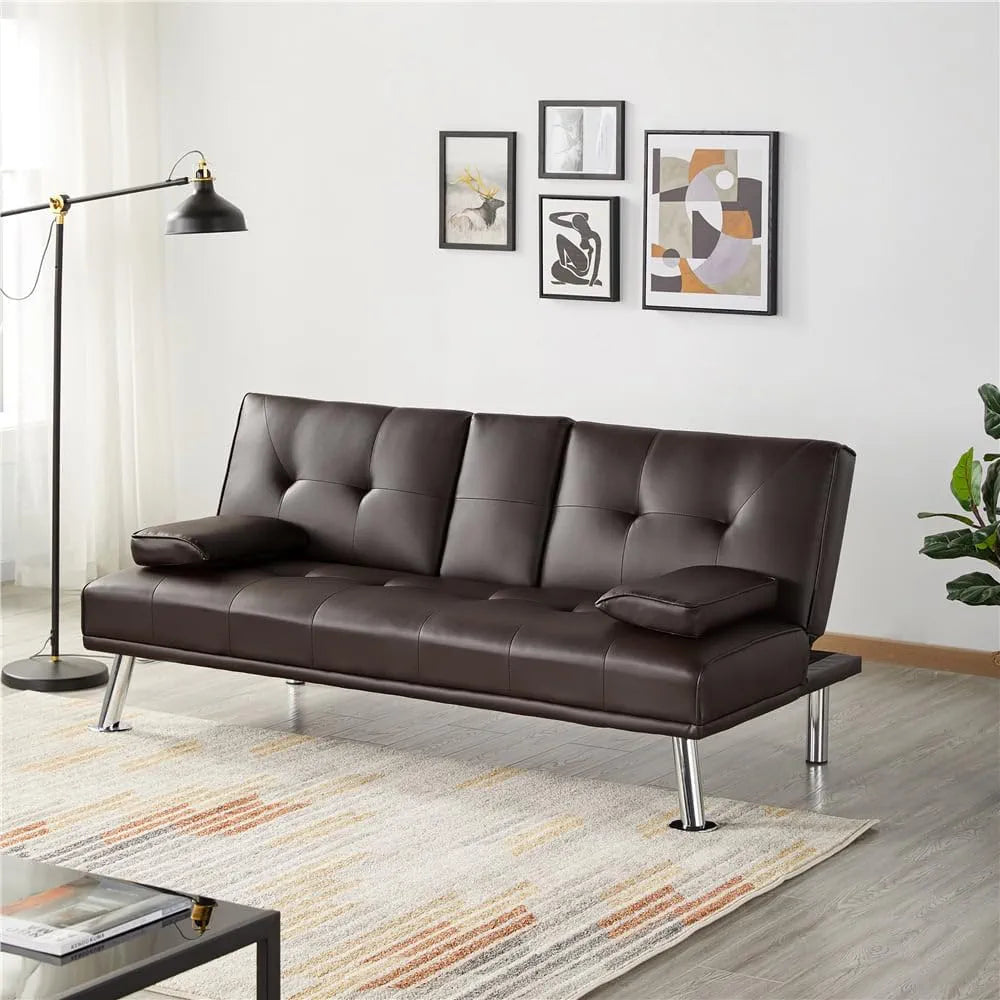 Sofa Bed, Faux Leather Lounge Couch for Living Room, Convertible Upholstered Loveseat Sleeper, Small Futon Couch for Small Space w/Cup Holders