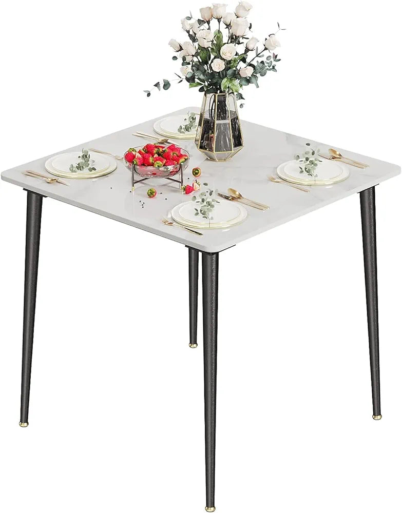 Marble Kitchen Dining Table: 80cm square table top in contemporary high gloss sintered stone with tapered metal legs 4 seater breakfast table