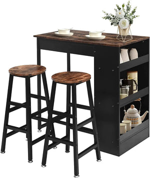 Wooden Height Bar Table and Chairs Set with 2 Stools, Industrial Bar Table Set with 3 Adjustable Storage Shelves