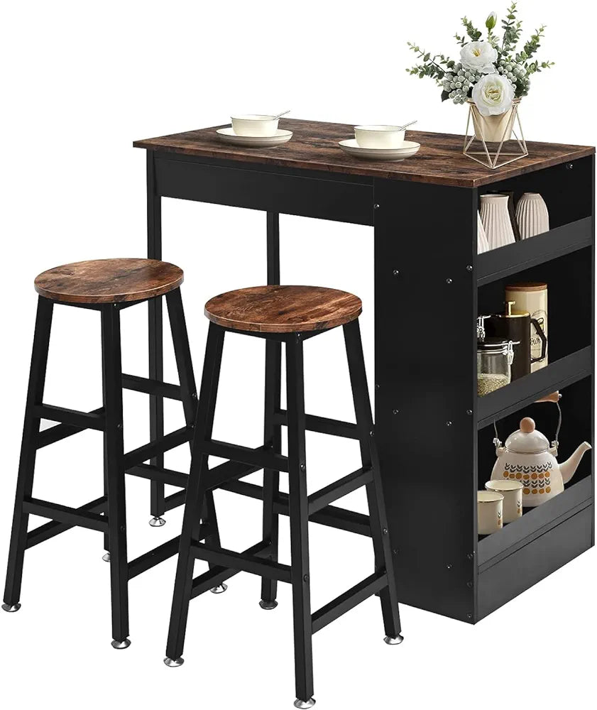 Wooden Height Bar Table and Chair Set with 2 Stools, Industrial Bar Table Set with 3 Adjustable Storage Shelves