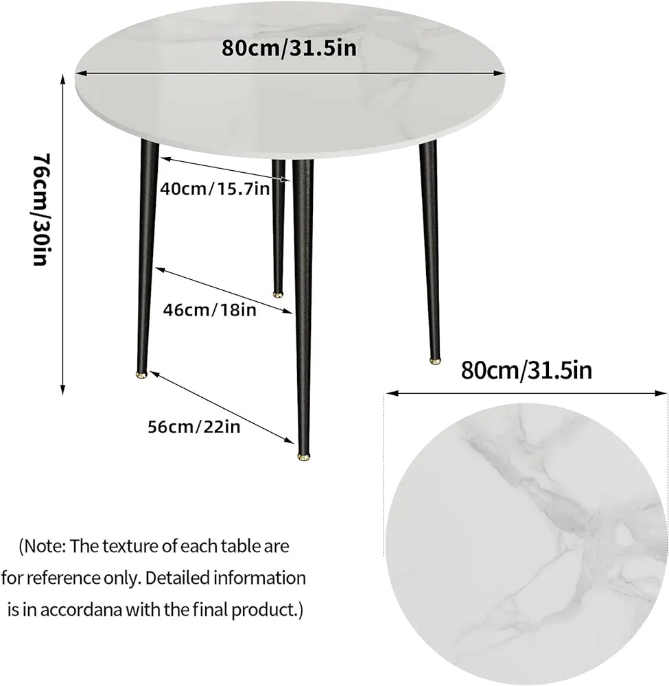 Round Dining Table: Modern Marble Sintered Stone Table Top with Tapered Metal Legs, Breakfast Banquet Table for Dining Room Restaurant and Living Room Furniture, Height 76cm, White