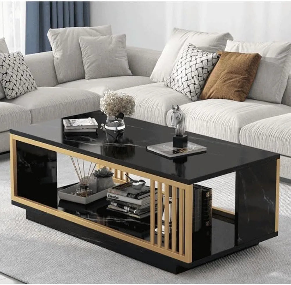 Modern 2 tier sofa table with white marble finish for living room and home