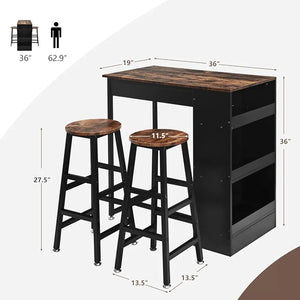 Wooden Height Bar Table and Chairs Set with 2 Stools, Industrial Bar Table Set with 3 Adjustable Storage Shelves