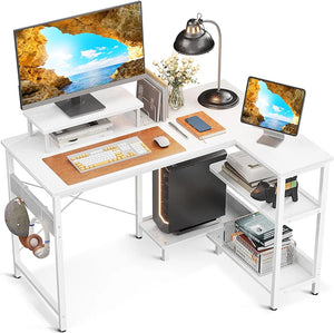 ODK L-Shaped Computer Desk with Reversible Storage Shelves, Corner Desk with Monitor Stand, Modern Simple Writing Desk for Home Office Workstation