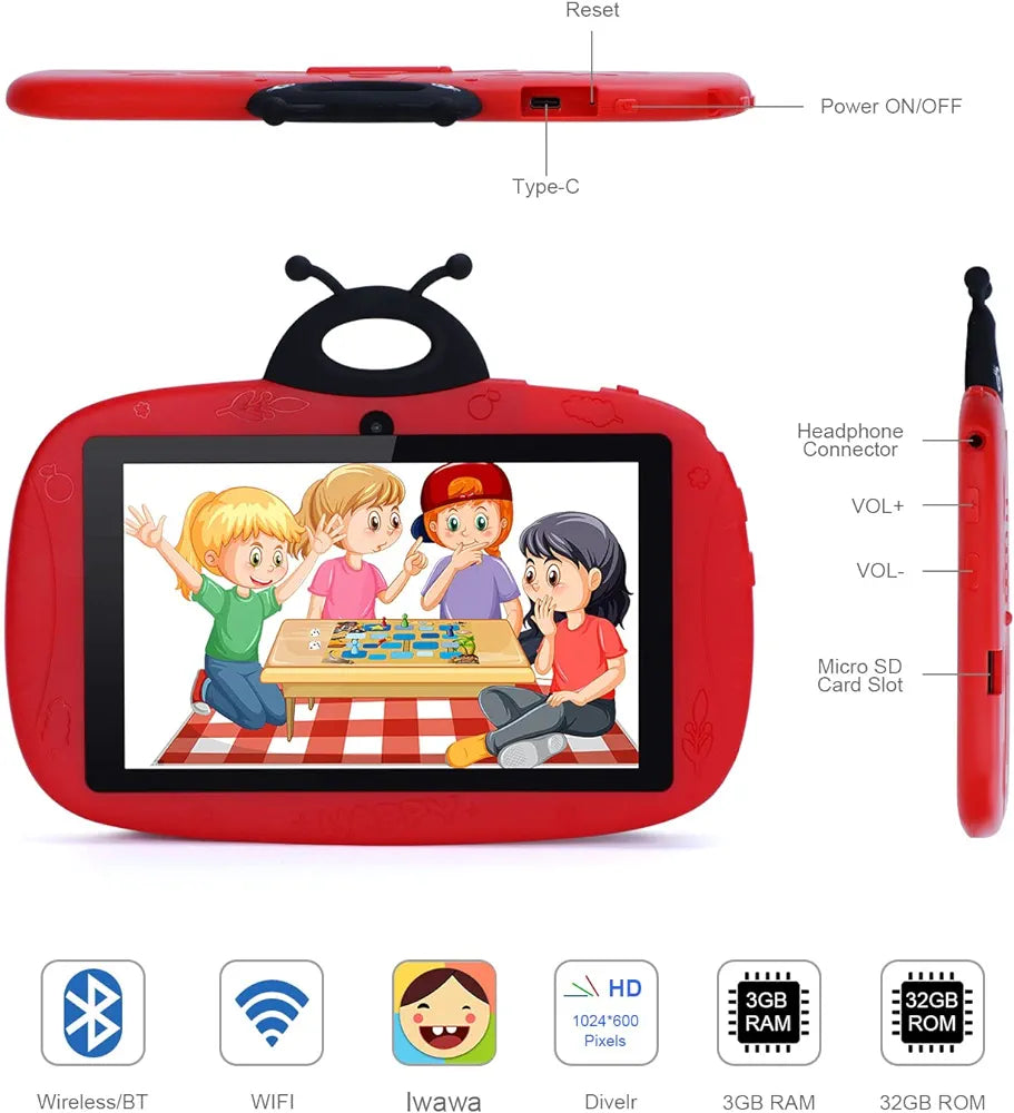 C Idea Kids Tablet 7 Inch, CM75 Android Tablet, Kids Tablet with Iwawa, 64GB ROM, 4GB RAM, Smart Tablet with 4 Watches for Gift (Red)