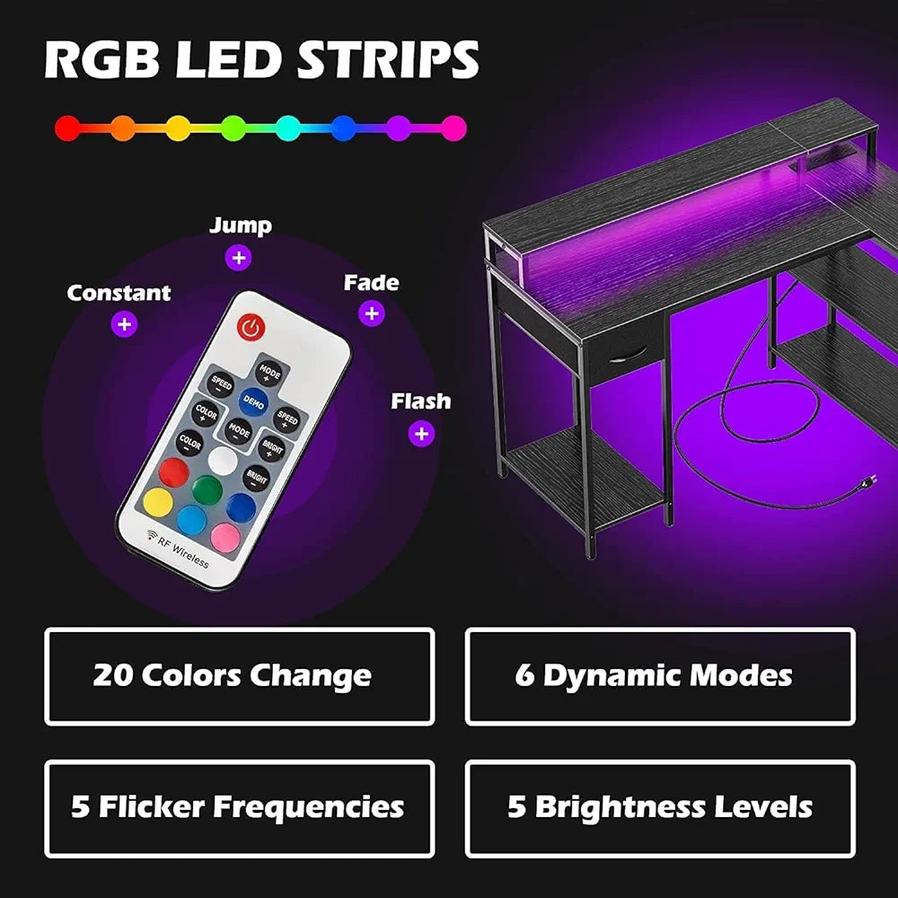 Sholoves L-Shaped Computer Desk with Power Outlets and LED Strips, Reversible Corner Desk with Monitor Stand and Storage Shelf, Home Gaming