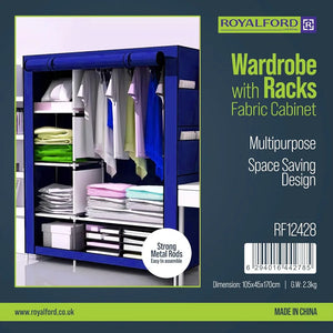 XXL Folding Wardrobe with Shelves RF12428, Large Capacity Portable Foldable Fabric Wardrobe with Strong Metal Rods Easy to Assemble 105cm x 45cm x 170cm