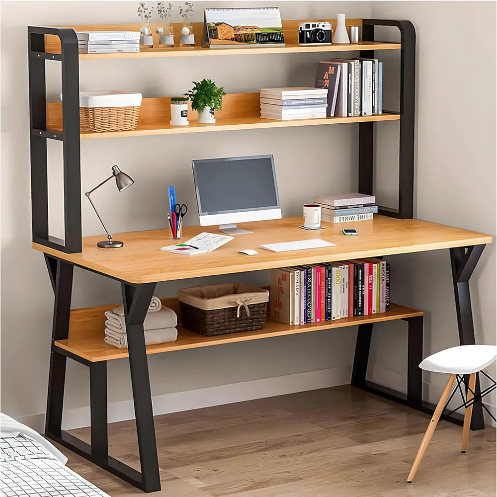 Okoz Computer Desk with Storage Shelves and Bookshelf, Simple Modern Desk with Sturdy Metal Frame for Writing, Study and Work for Home and Office
