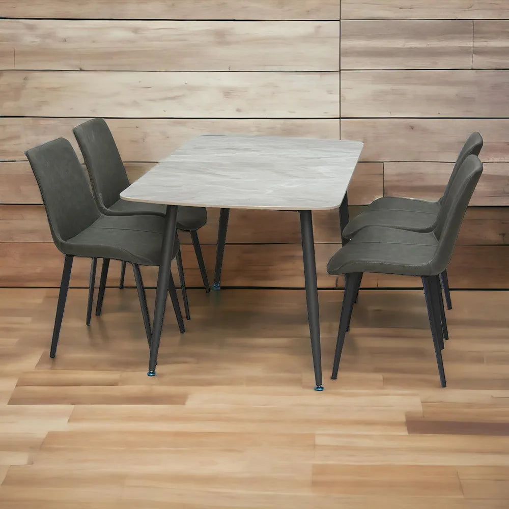 Modern Design Marble Dining Table 1+4 MH-DS21 - Gray with Steel Legs and PVC Leather, Set of 4 Chairs and 1 Table with Marble Top and Stainless Steel
