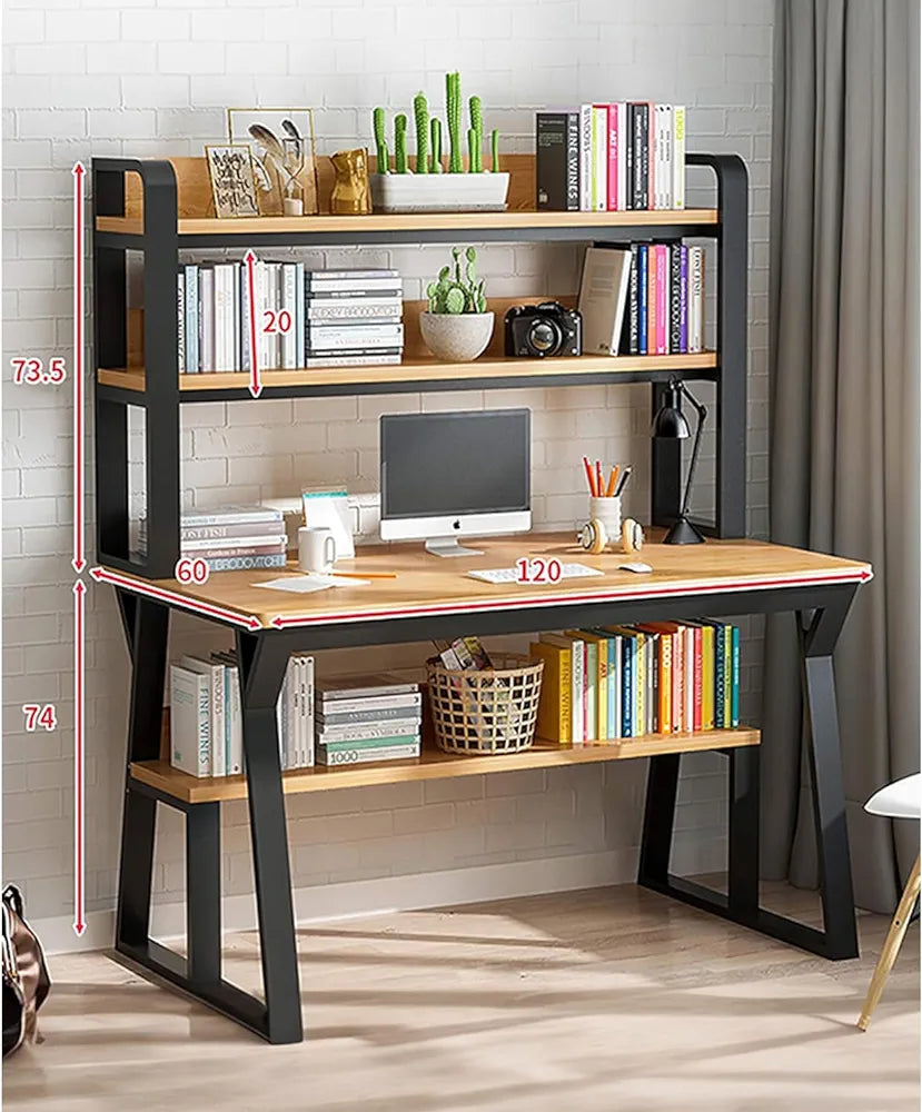 Okoz Computer Desk with Storage Shelves and Bookshelf, Simple Modern Desk with Sturdy Metal Frame for Writing, Study and Work for Home and Office