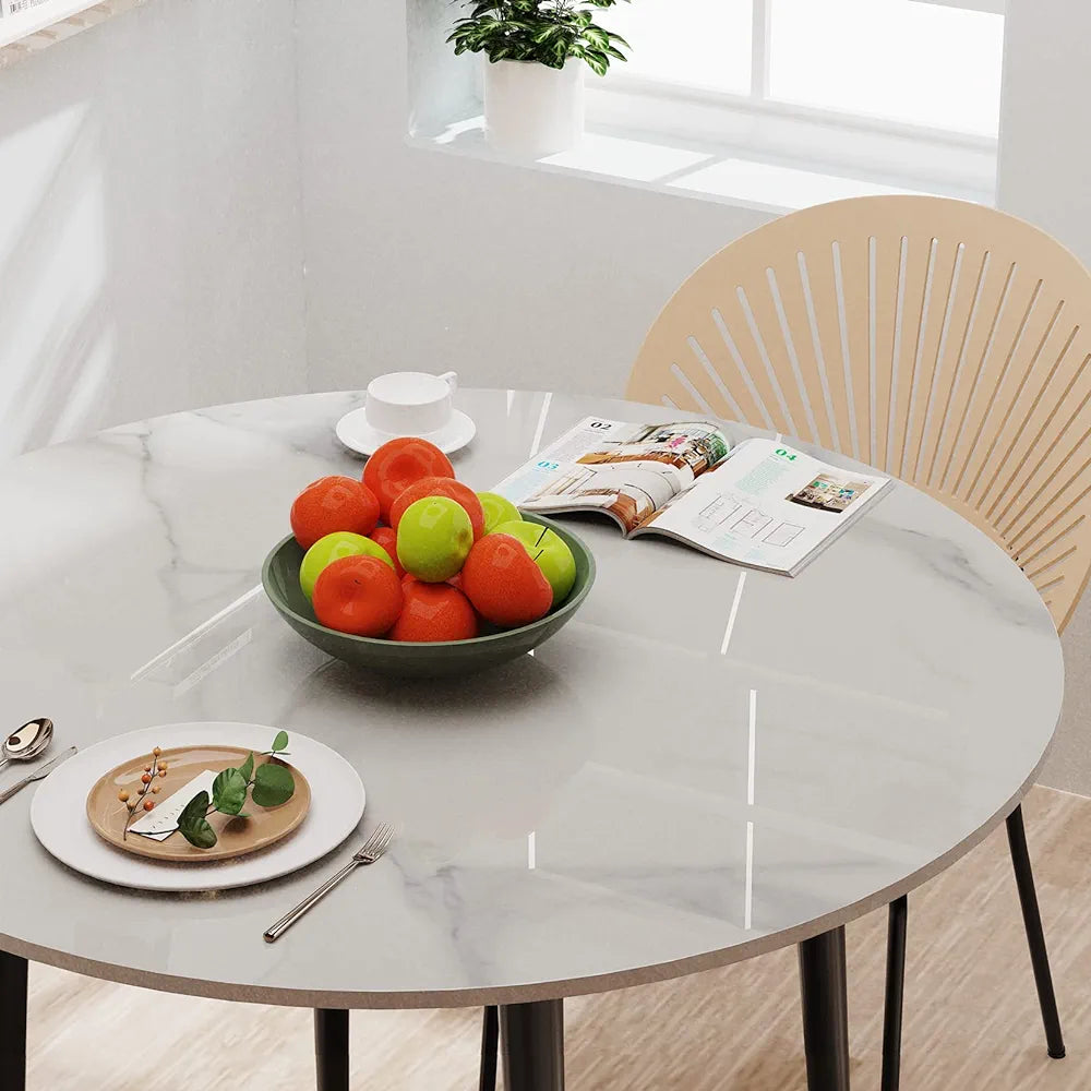 Round Marble Dining Table: Modern Marble Sintered Stone Table Top with Tapered Metal Legs, Breakfast Banquet Table for Dining Room Restaurant and Living Room Furniture, Height 76cm, White