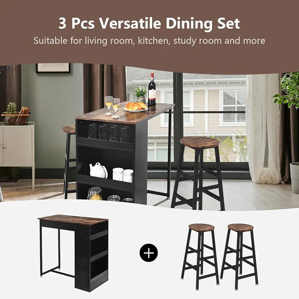 Wooden Height Bar Table and Chairs Set with 2 Stools, Industrial Bar Table Set with 3 Adjustable Storage Shelves