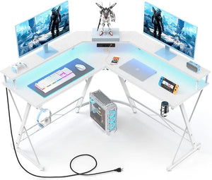 Sholoves 50.5 Inch L-Shaped Gaming Desk with LED Strip and Power Outlets, Computer Corner Desk and Carbon Fiber Surface with Monitor Stand Gaming